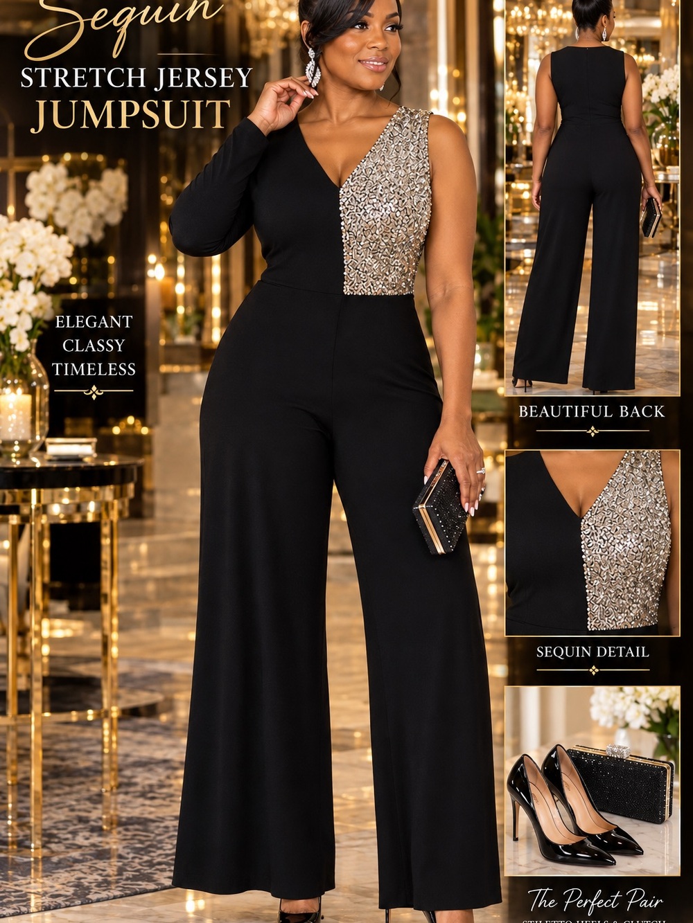Black Sequin Stretch Jersey Jumpsuit - Elegant Wide-Leg